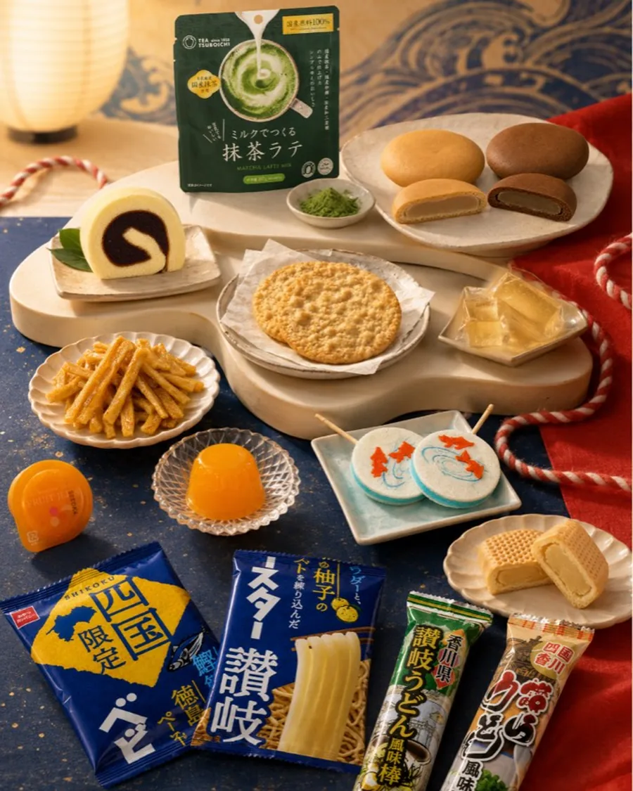 Shikoku box contents &mdash; festival sweets, matcha and cultural items