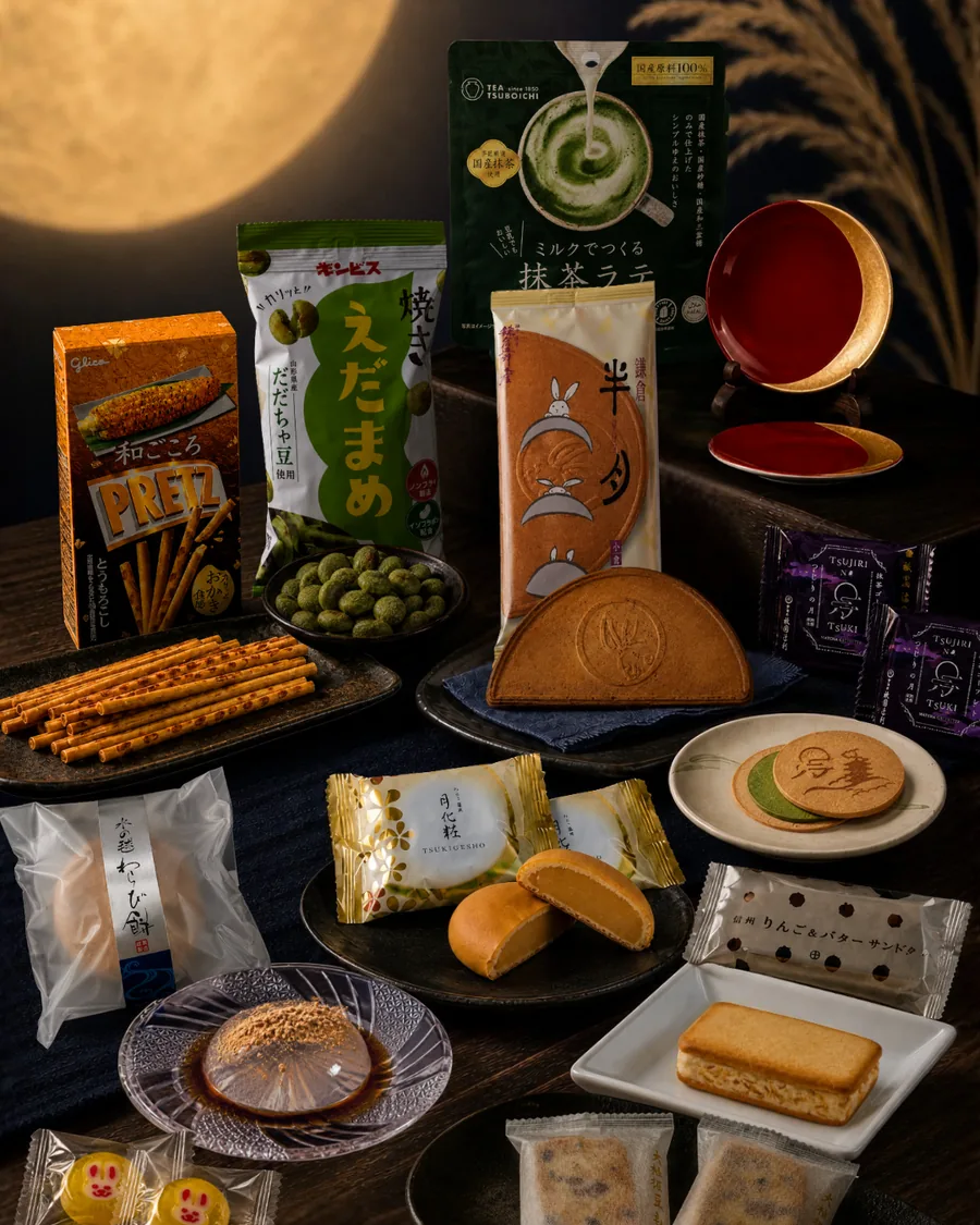 Tsukimi box contents &mdash; moon-viewing sweets, matcha latte and a crescent moon plate